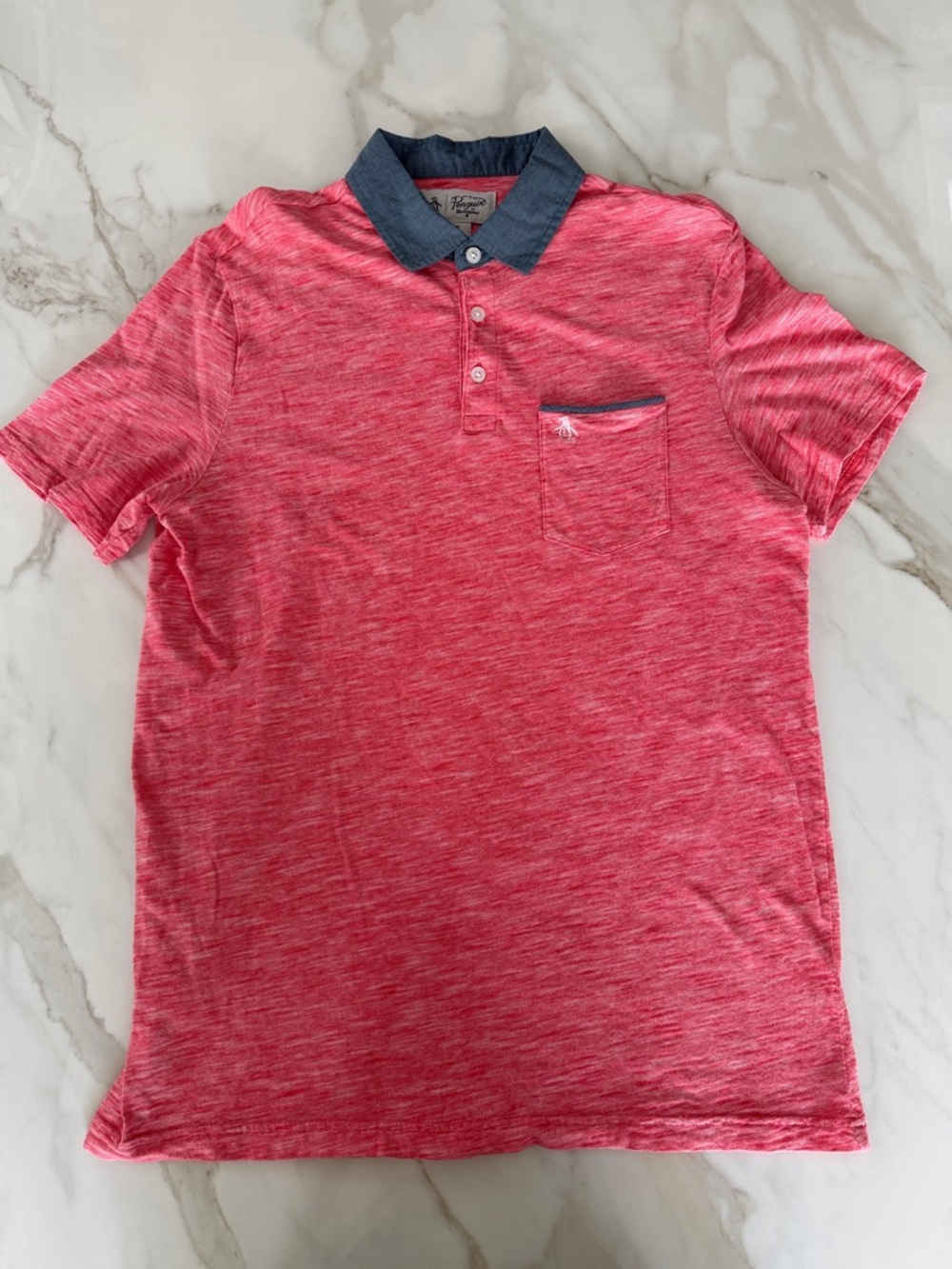 Penguin Heathered Pink Polo with Grey Contrast Collar